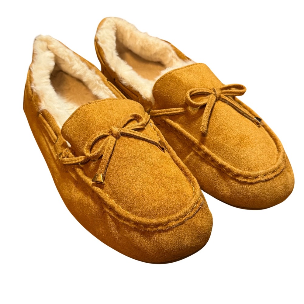 Fuzzy Suede Moccasin Slippers Bow Accent Cozy Warm‎ Comfy Shoes Size 11
